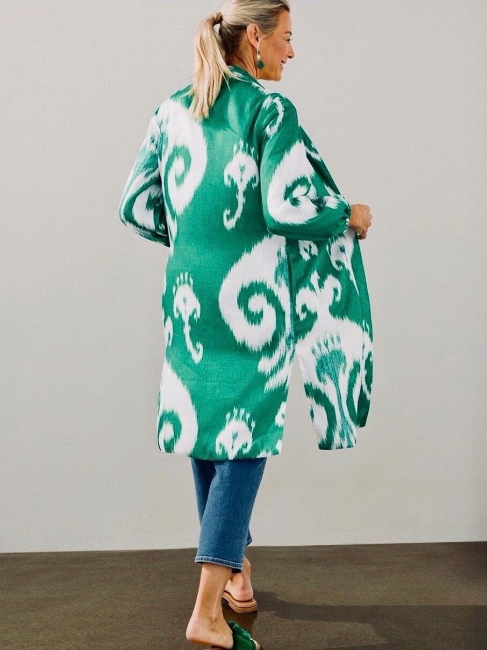 Chico's Reversible Duster Jacket Tropic Emerald Ikat Floral Satin Size 3 16 NWT